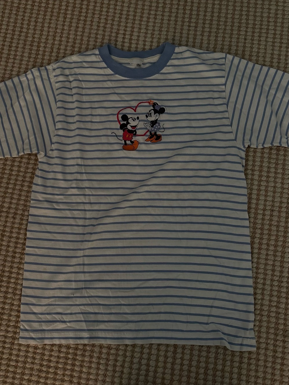Vintage Disney Light Blue & White Striped Mickey & Minnie Short Sleeve Tee